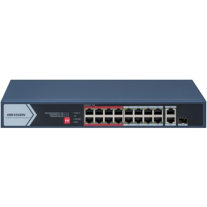 Коммутатор Hikvision DS-3E0318P-E/M, 16 портов PoE + 2 аплинка