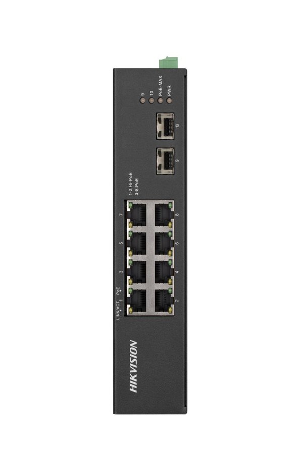 Коммутатор Hikvision DS-3T0510HP-E/HS, 8 PoE + 2 SFP, DIN-рейка